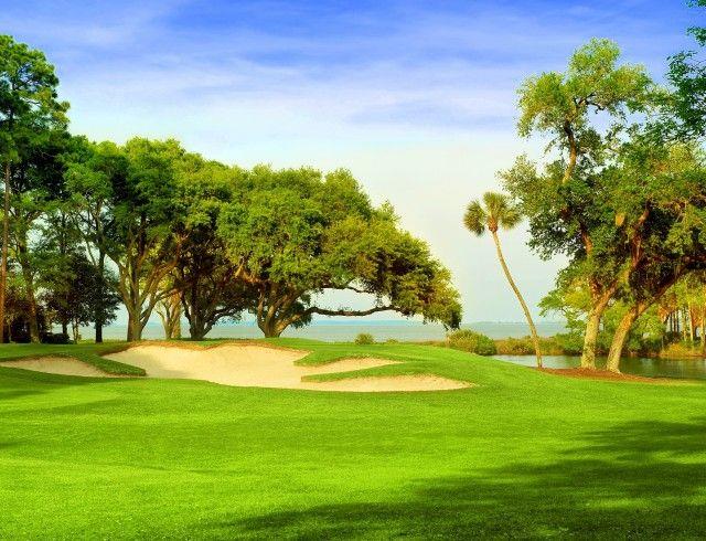 Oyster Reef golf course at sunset with trees, water, and a green